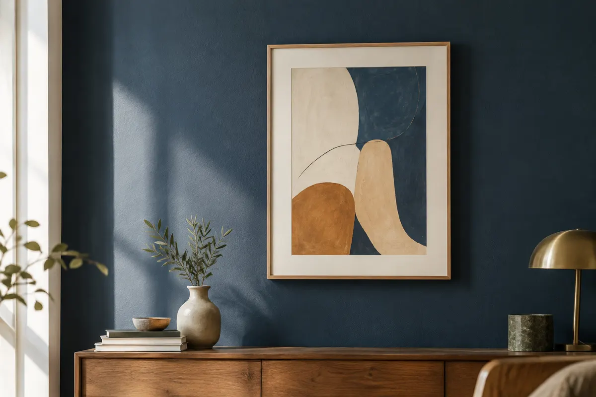 Affiche aux tons clairs encadrée de bois sur un mur bleu nuit, éclairé par une lumière naturelle douce.