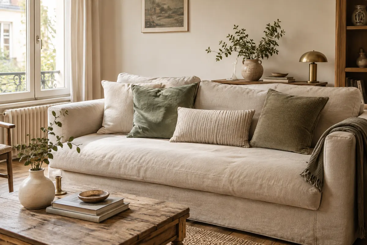 Canapé compact dans un petit salon, avec quelques coussins de tailles et de textures différentes