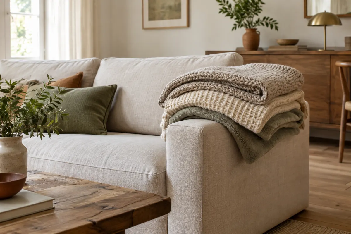 Trois plaids en laine, coton et polaire posés sur un canapé en tissu neutre