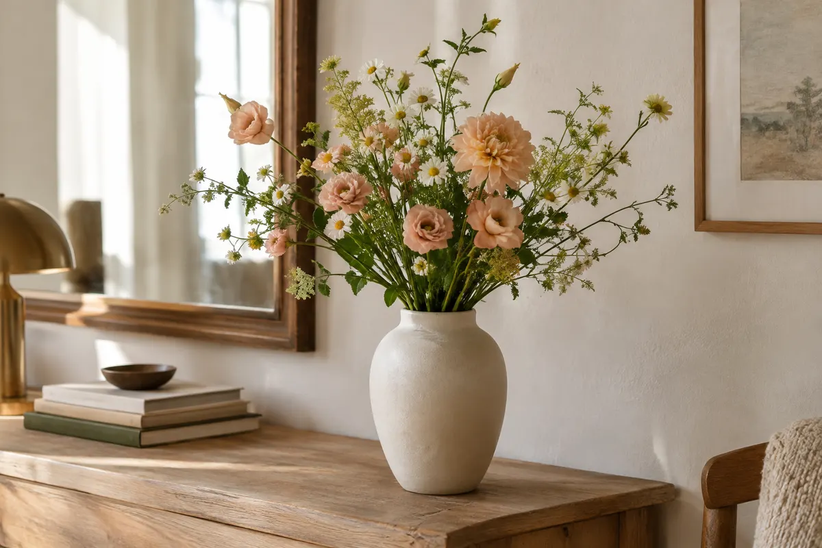 Bouquet de fleurs fraîches équilibré dans un vase en céramique posé sur une console en bois clair.
