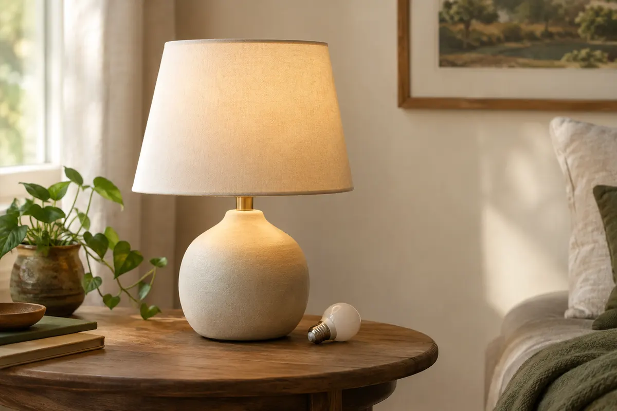 Lampe à poser avec abat-jour en tissu et ampoule compacte montrant l’importance des dimensions