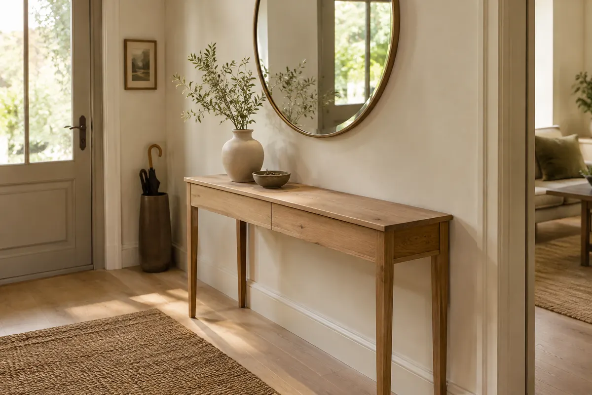 Console d’entrée étroite avec miroir rond, vase en céramique et coupelle, en laissant une partie du plateau libre.