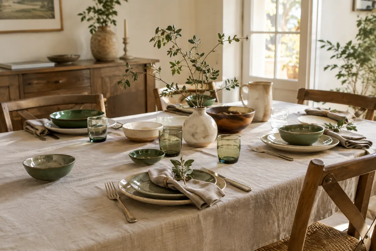 Table saisonnière avec vaisselle dépareillée, linge sobre et petit vase de branches