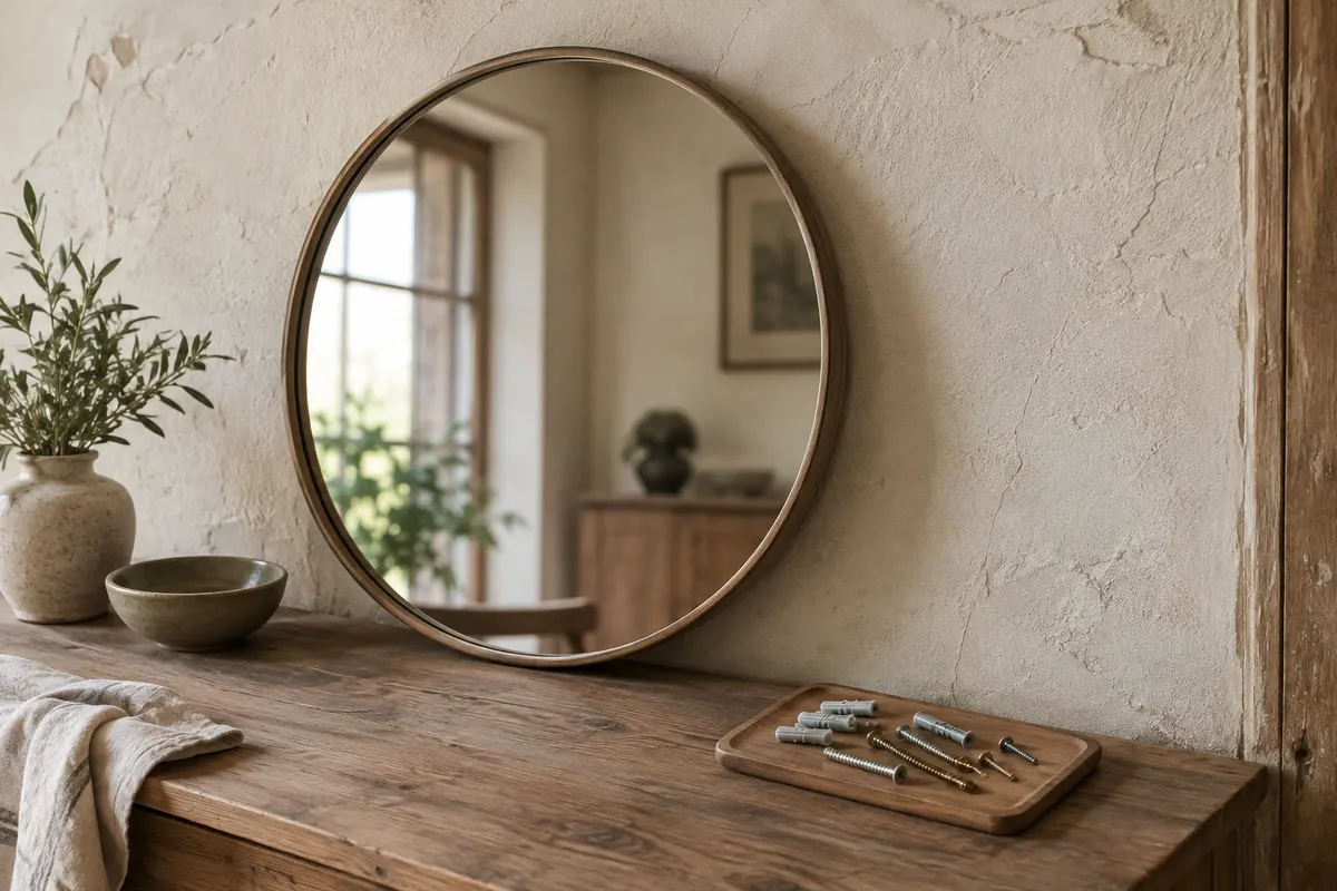 Miroir rond devant un mur ancien, avec des fixations posées à proximité pour préparer l’installation