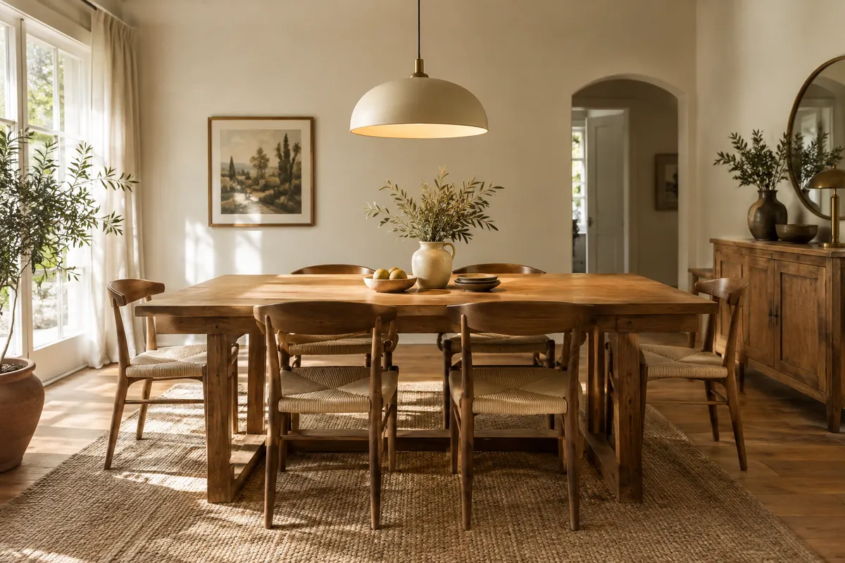 Suspension réglée au-dessus d’une table en bois, avec des sièges dégagés et un passage libre autour.