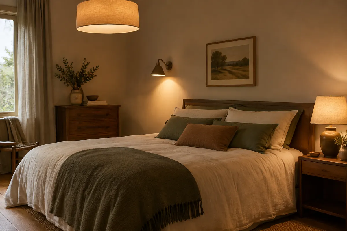 Chambre éclairée par une suspension diffuse, une lampe de chevet et une applique murale douce