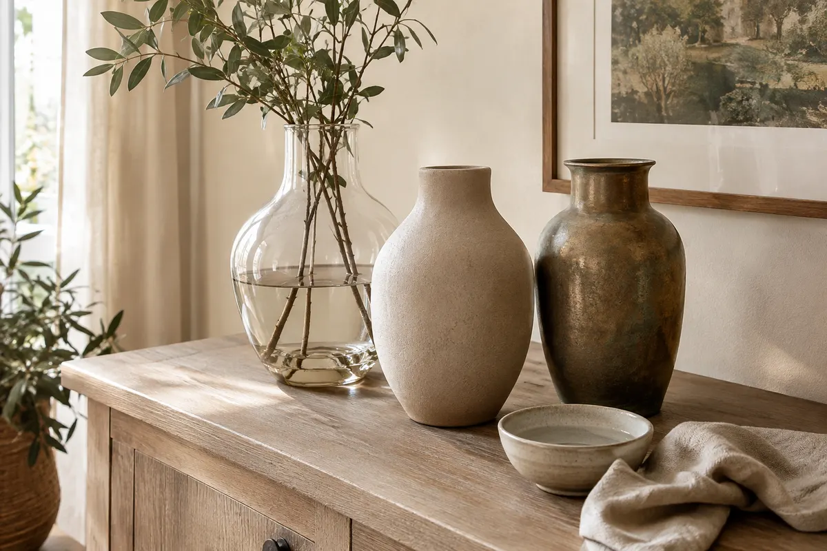 Vases décoratifs en verre, céramique et métal accompagnés d’un chiffon doux pour leur entretien.