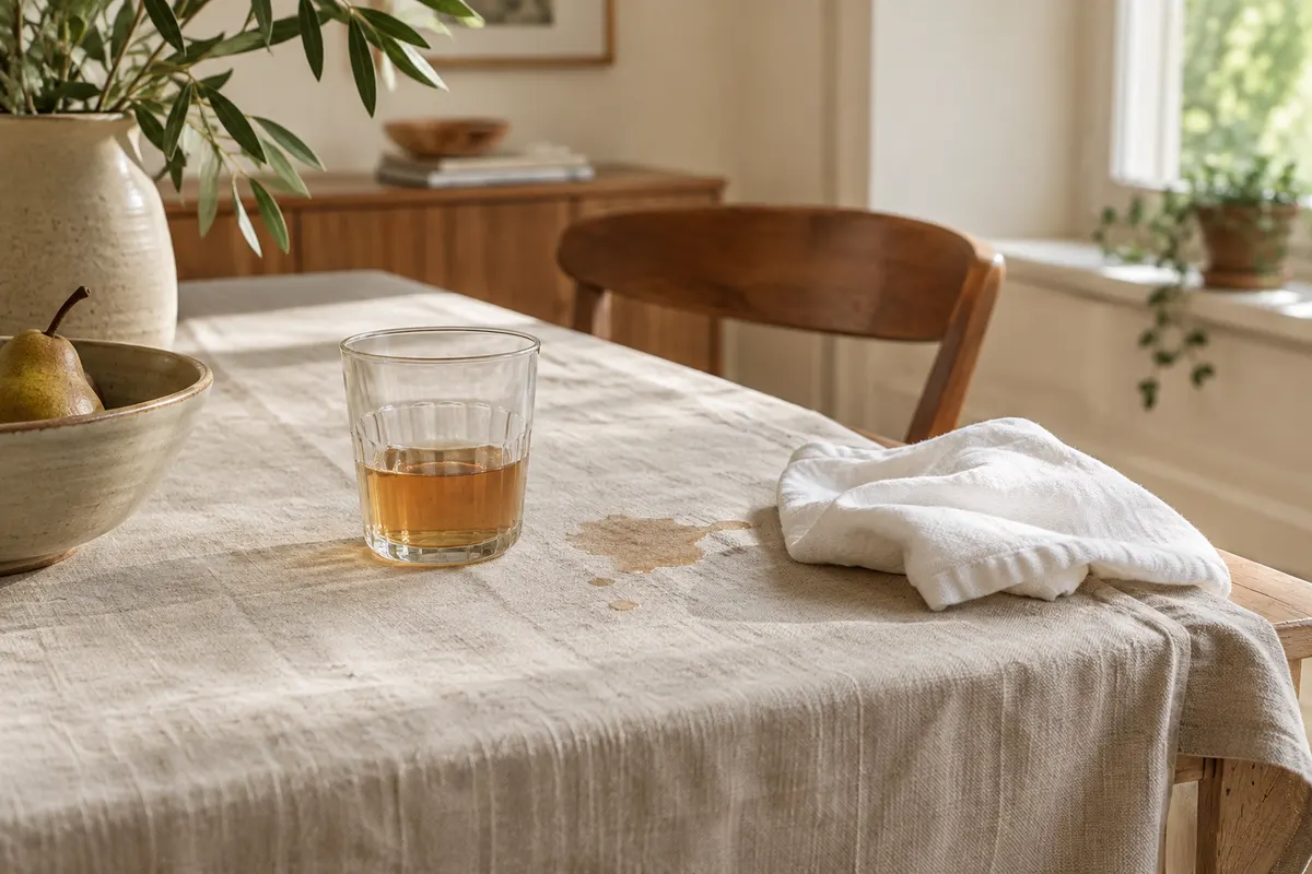 Nappe en lin écru tachée près d’un verre, avec un chiffon blanc absorbant posé à côté.