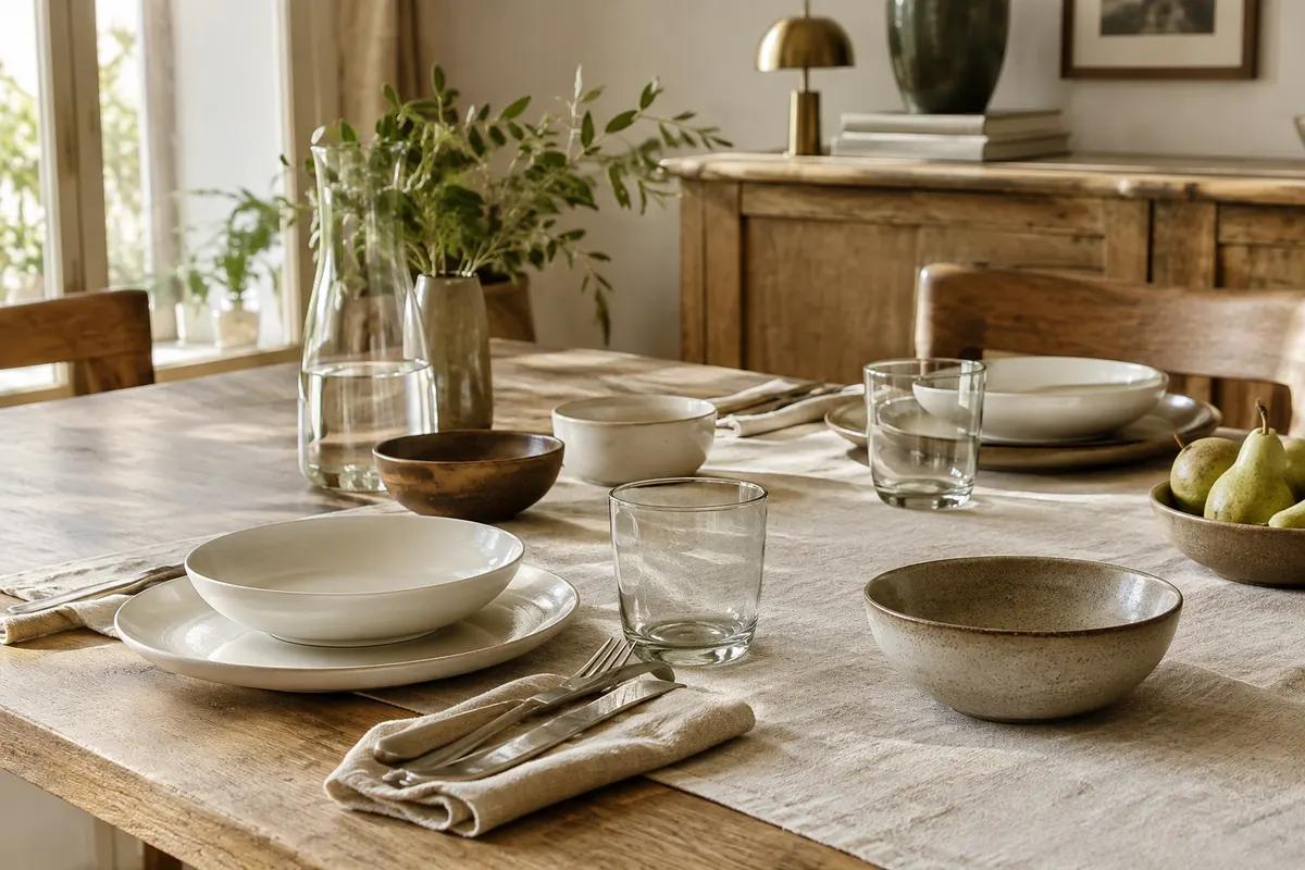 Assiettes en porcelaine, grès et verre réunies sur une table claire pour comparer leurs matières.