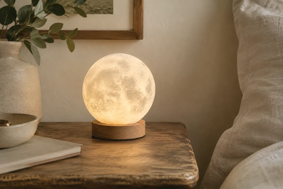 Lampe lune blanche en relief sur un socle en bois, éclairée doucement sur une table de chevet.