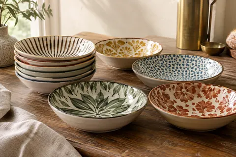 Six assiettes creuses en céramique à motifs colorés, empilées sur une table en bois patiné.