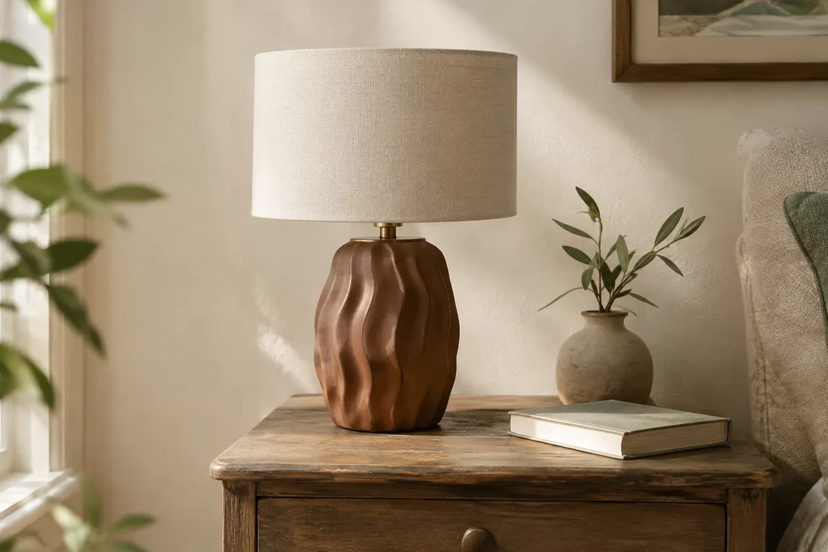 Lampe à poser avec base en céramique marron ondulée et abat-jour tambour en tissu crème.