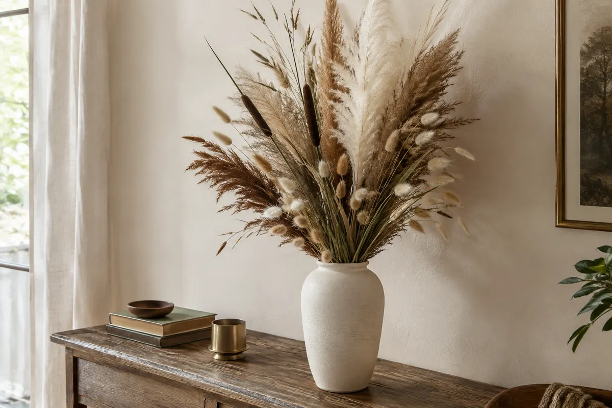 Bouquet de pampas séchées blanches et brunes dans un vase en céramique mate, près d’un mur ivoire.