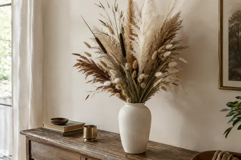 Bouquet de pampas séchées blanches et brunes dans un vase en céramique mate, près d’un mur ivoire.