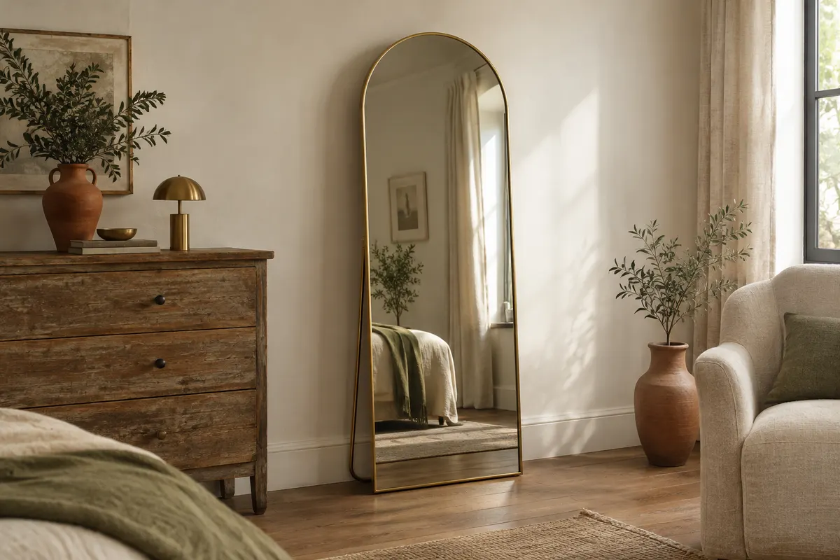 Miroir sur pied arqué au cadre doré, posé contre un mur ivoire dans une chambre aux matières naturelles.