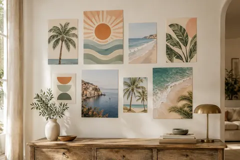 Huit affiches estivales pastel sans cadre, disposées en galerie sur un mur ivoire dans un intérieur lumineux.