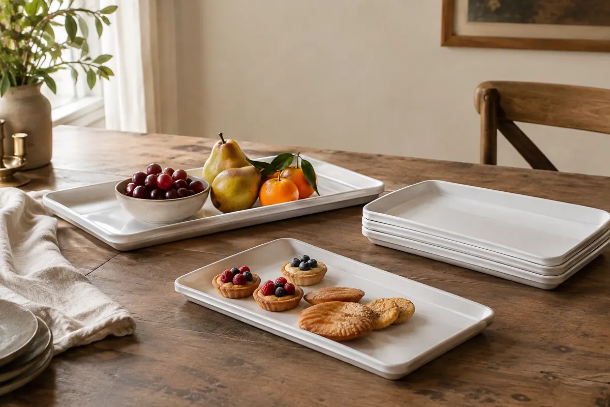 Plateaux de service rectangulaires blancs en plastique présentés avec des fruits et des petits gâteaux sur une table en bois.