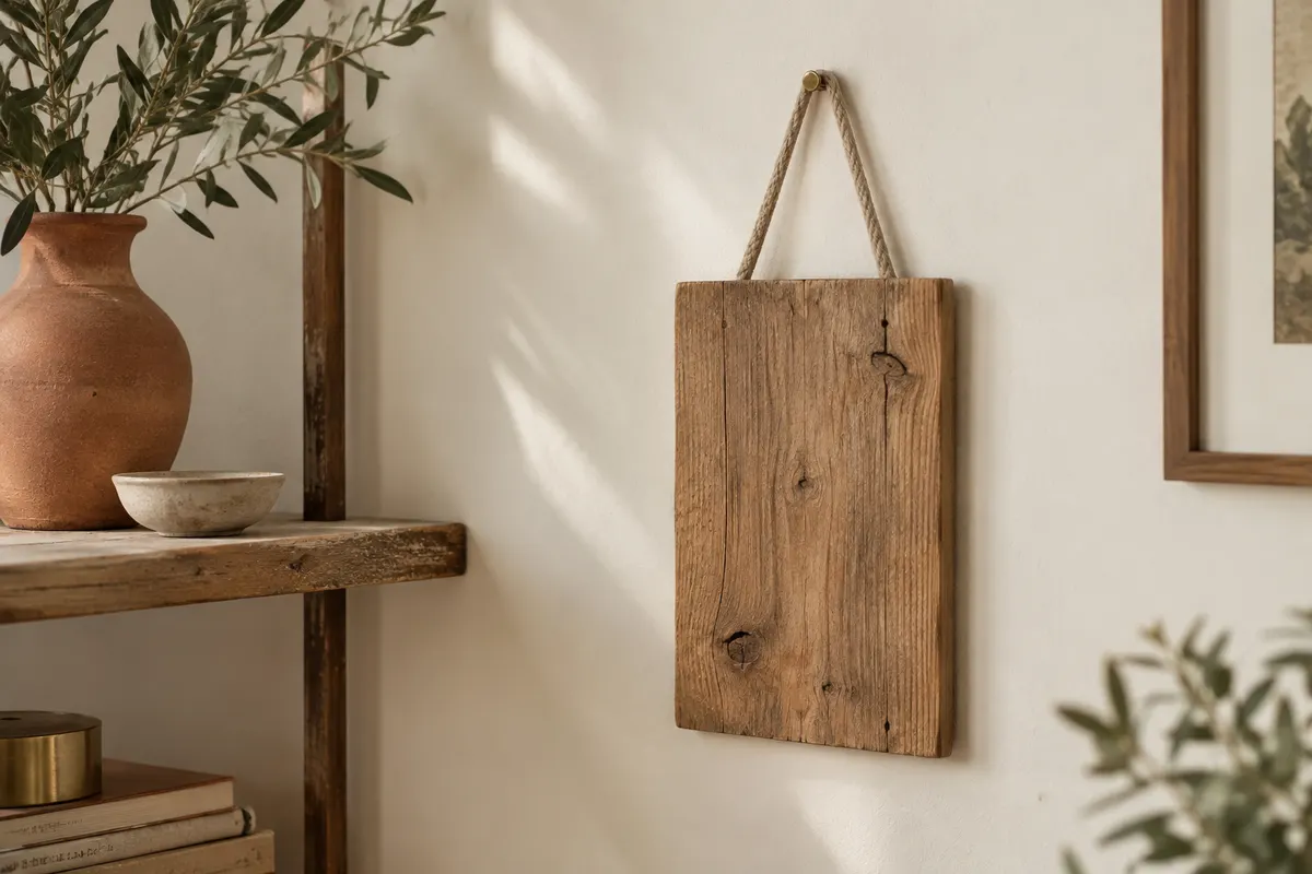Décoration murale rectangulaire en bois brut suspendue par un lien en lin sur un mur ivoire