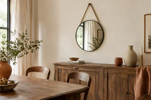 Miroir rond à cadre noir mat et corde en jute, suspendu sur un mur ivoire au-dessus d’un buffet.