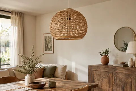 Suspension ronde en bambou tressé naturel installée dans un salon aux tons ivoire et bois patiné.