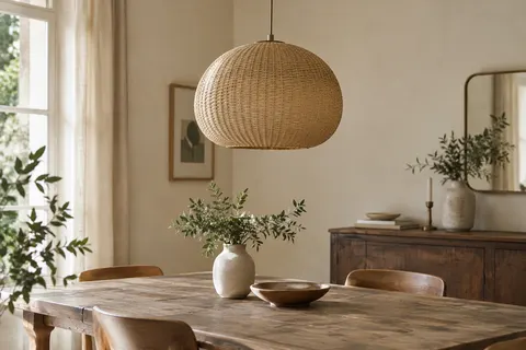 Suspension beige Atmosphera Myha en papier tressé installée au-dessus d’une table en bois