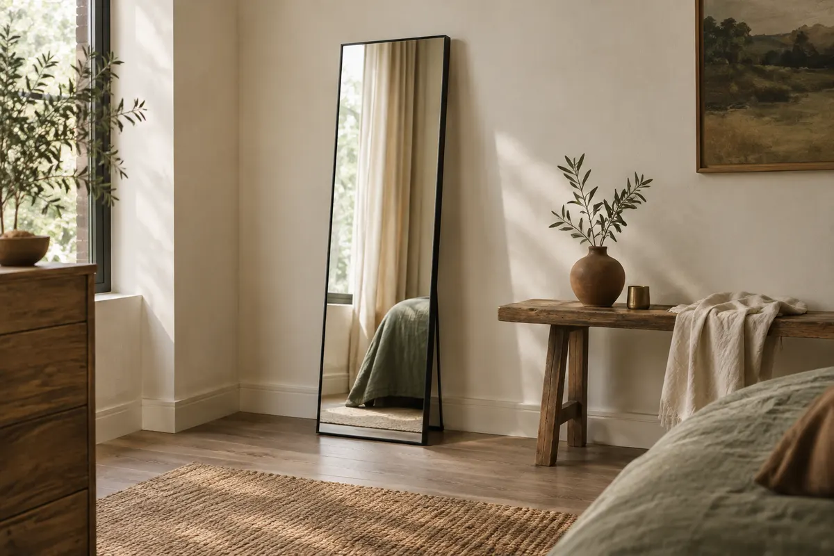 Miroir pleine longueur à cadre noir posé contre un mur ivoire dans une chambre lumineuse