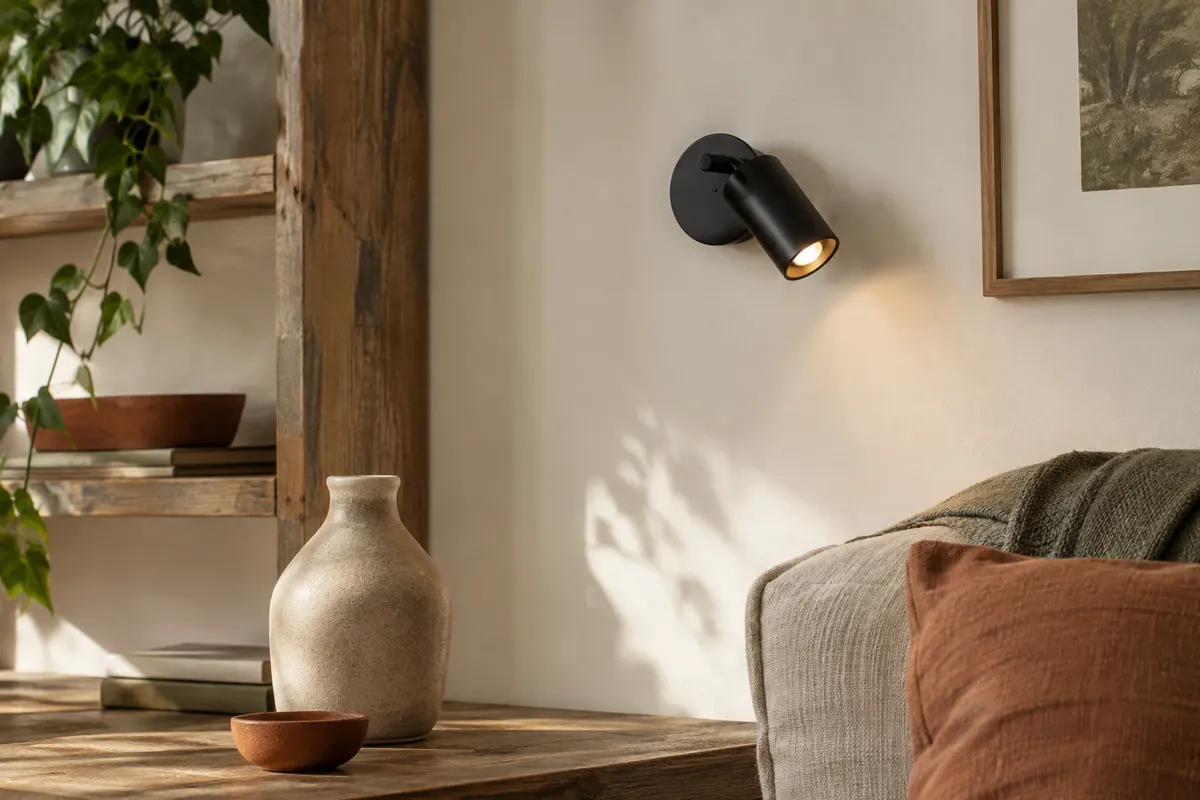 Applique murale compacte en métal noir mat, orientable, installée sur un mur ivoire près d’une étagère.