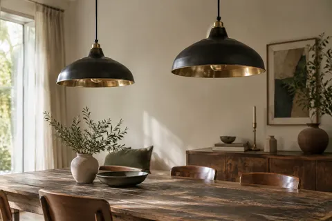 Deux suspensions vintage en métal noir et doré au-dessus d’une table en bois patiné