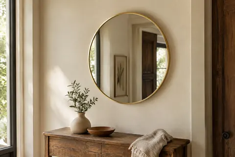 Miroir mural rond de 60 cm au cadre doré en aluminium, installé au-dessus d’une console en bois.