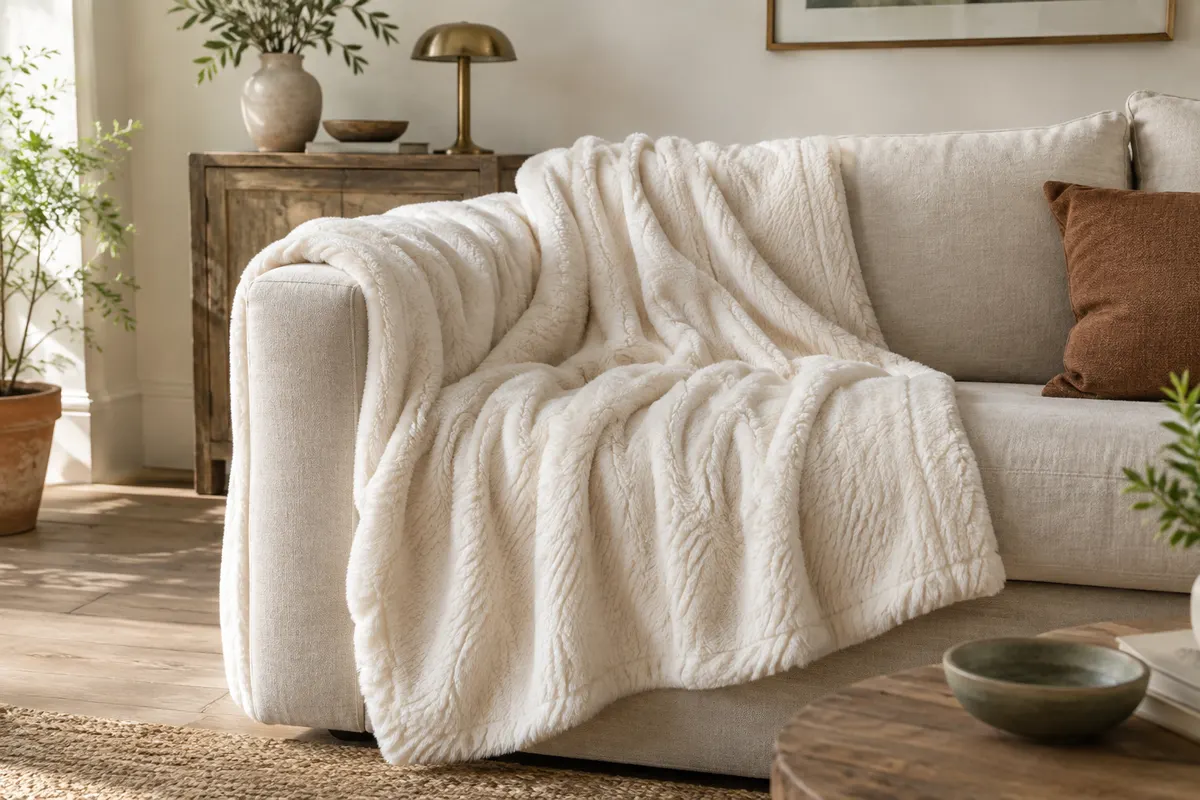 Plaid polaire blanc crème à texture douce posé sur un canapé en lin dans un intérieur lumineux.