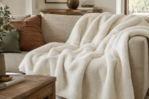 Plaid polaire blanc laine à la texture moelleuse posé sur un canapé en lin beige
