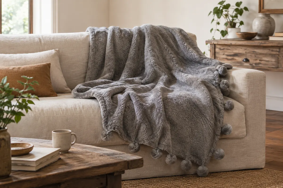 Plaid Bedsure gris en polyester posé sur un canapé clair, avec sa texture douce et ses pompons décoratifs.
