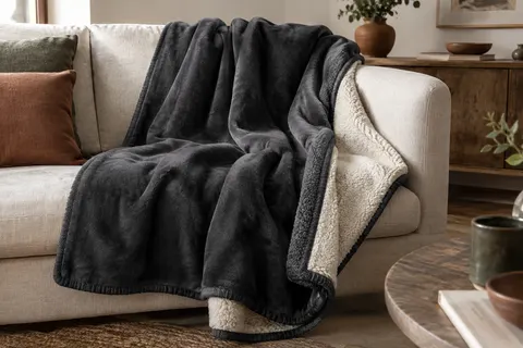 Plaid Bedsure anthracite à face polaire et revers sherpa posé sur un canapé en lin clair