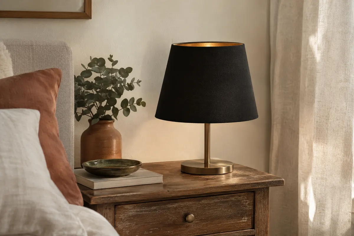 Lampe à poser noire et dorée sur une table de chevet en bois, avec abat-jour en tissu et base en métal.