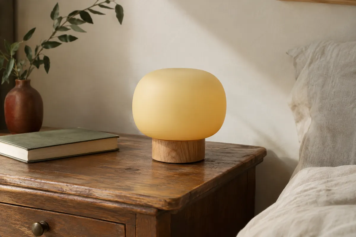 Lampe de chevet ronde à base en bois et corps lumineux jaune clair, posée sur une table près du lit.