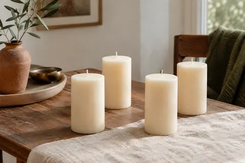 Quatre bougies piliers lisses ivoire disposées sur une table en bois patiné dans une lumière douce.