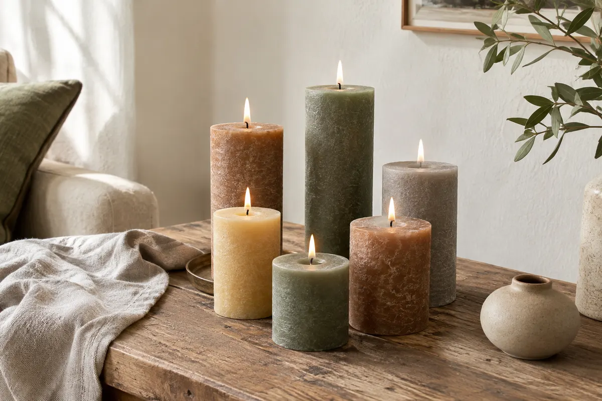 Six bougies piliers rustiques aux teintes naturelles disposées sur une table en bois patiné