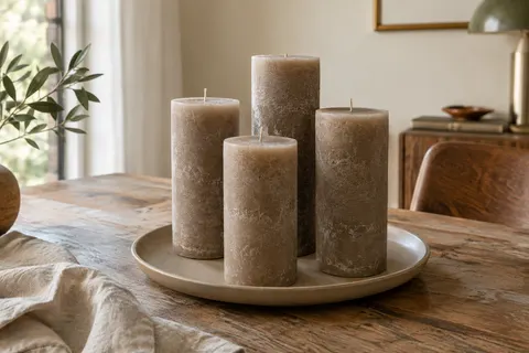Quatre bougies piliers taupe à la finition rustique disposées sur un plateau en céramique mate
