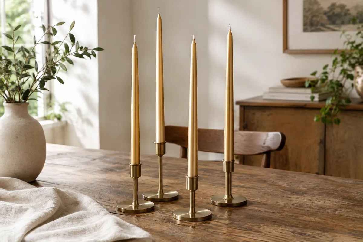Quatre bougies effilées or métallique dans des bougeoirs, posées sur une table en bois patiné