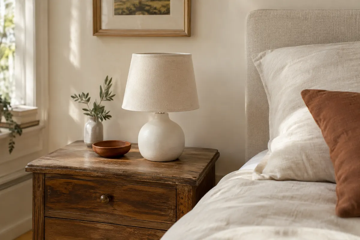 Lampe à poser blanche Briloner avec pied en céramique et abat-jour en tissu sur une table en bois