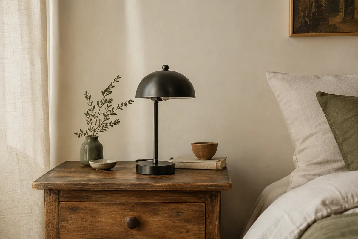 Petite lampe de table Briloner noire en métal, posée sur une table de chevet en bois patiné