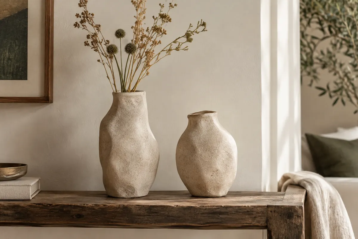 Deux vases décoratifs beiges en céramique aux formes irrégulières, posés sur une console en bois