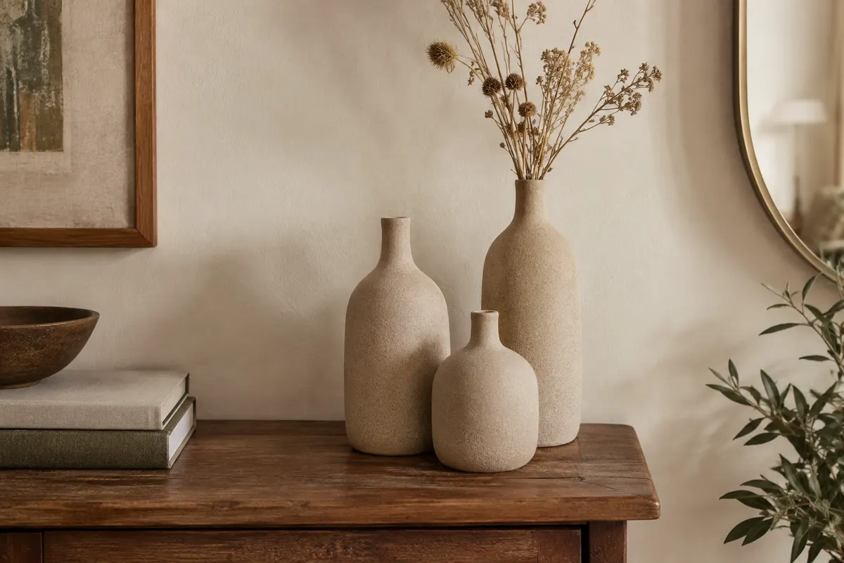 Trois petits vases en céramique beige mate disposés sur une console en bois, dont un garni de tiges séchées.