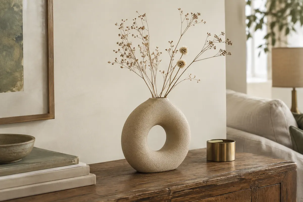Vase donut en céramique beige mate posé sur une console en bois, avec quelques tiges séchées.