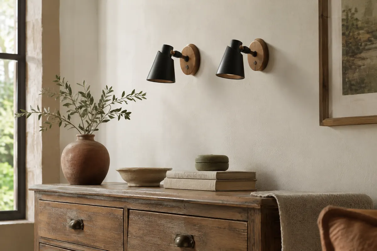 Paire d’appliques murales orientables en bois naturel et métal noir installées sur un mur ivoire