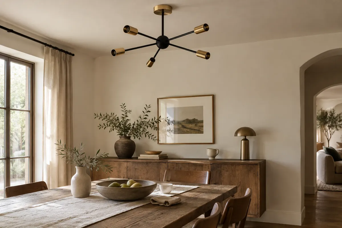 Plafonnier Sputnik à six bras en métal noir et doré, installé au plafond d’une salle à manger.