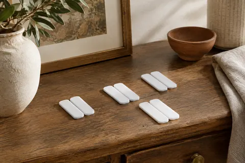 Languettes adhésives blanches en mousse présentées près d’un cadre sur une console en bois patiné