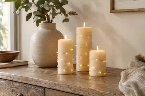 Trois bougies LED en cire ivoire avec guirlandes argentées posées sur une console en bois.