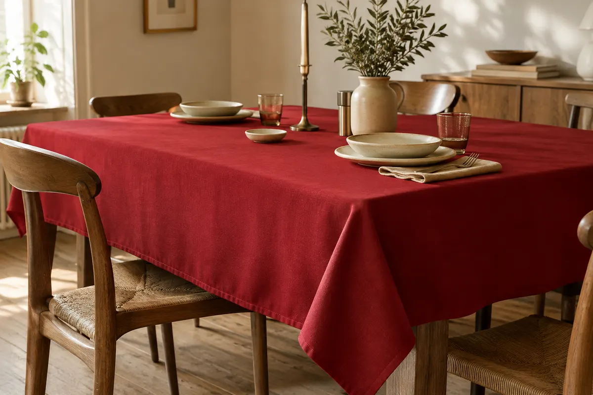 Nappe rectangulaire rouge en polyester sur une table en bois, accompagnée de vaisselle crème.