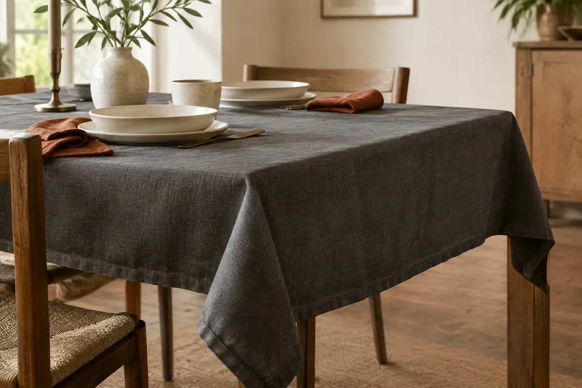 Nappe rectangulaire gris foncé effet lin sur une table en bois avec vaisselle en céramique claire
